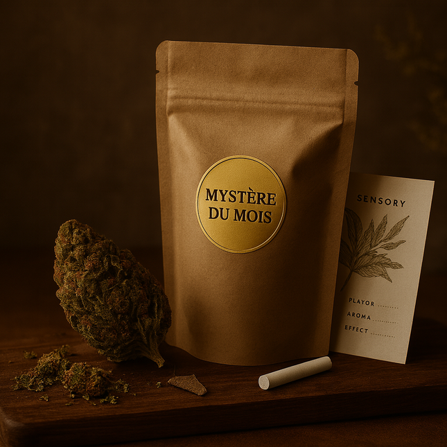 Fleur CBD sur planche en bois, sachet kraft “Mystère du Mois” et fiche sensorielle illustrée – visuel de l’abonnement mensuel Herbeevor