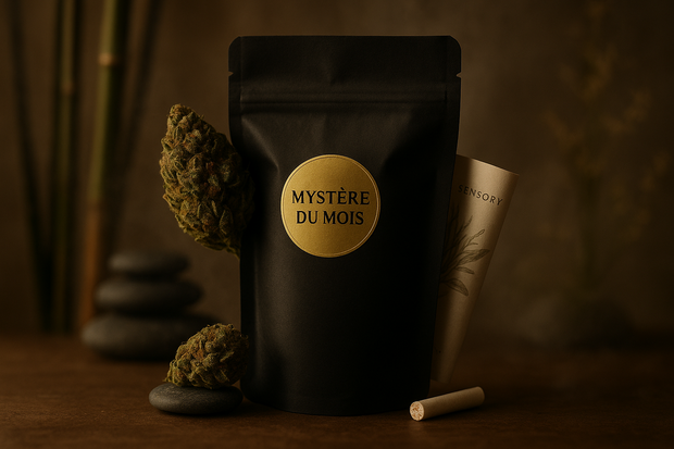 Sachet noir premium avec étiquette dorée “Mystère du Mois”, fleur CBD en gros plan et fiche sensorielle en arrière-plan – produit d’abonnement Herbeevor