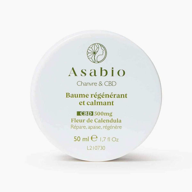 Baume régénérant et calmant Asabio, enrichi en CBD (500 mg) et en fleur de calendula. Une formule naturelle pour apaiser, réparer et hydrater la peau en profondeur. Idéal pour les peaux sensibles et les zones sèches.