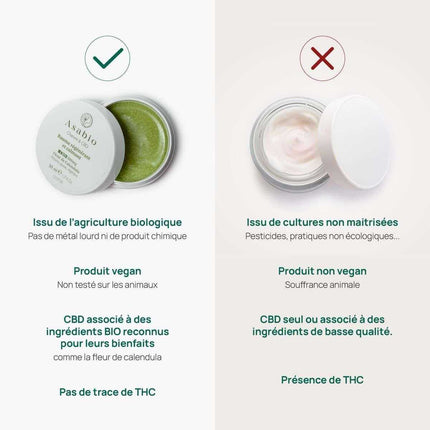 Comparatif entre le baume régénérant et calmant Asabio au CBD et les crèmes conventionnelles. Formule bio et vegan à base de fleur de calendula, sans THC, contre des produits issus de cultures non maîtrisées avec des ingrédients de basse qualité. Un soin naturel pour une peau réparée et apaisée.