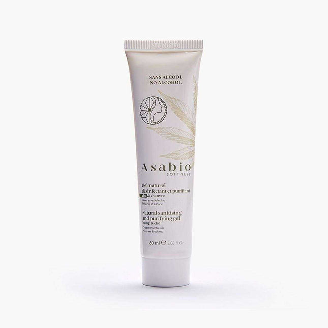 Gel naturel désinfectant et purifiant Asabio, enrichi en CBD et huile de chanvre bio. Sans alcool, il nettoie et protège la peau tout en apportant une sensation de douceur. Idéal pour une hygiène naturelle et apaisante