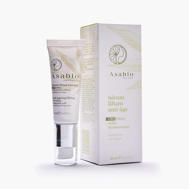 Sérum liftant anti-âge Asabio au CBD (120 mg) et acide hyaluronique. Formule redensifiante et anti-fatigue pour raffermir la peau, réduire les rides et apporter un effet liftant immédiat. Idéal pour une peau lisse et éclatante