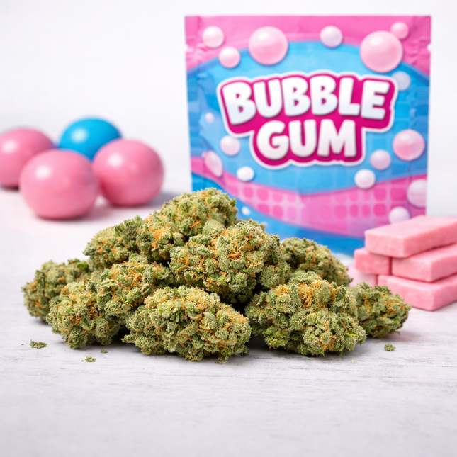 Fleur CBD Bubble Gum greenhouse 13% gros plan têtes résineuses arômes sucrés