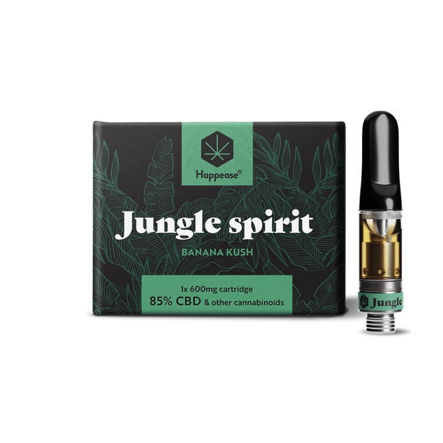 Cartouche de vape CBD Happease Jungle Spirit – 85% CBD, saveur Banana Kush. Format 600mg pour une inhalation pure et intense. Disponible chez Herbeevor.