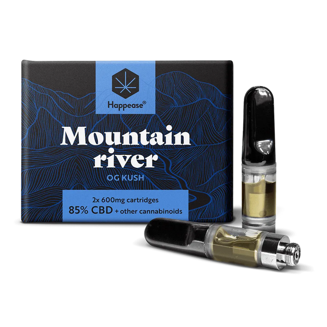 Cartouche vape CBD Happease Mountain River – 85% CBD, saveur OG Kush. Recharge de 600mg pour vaporisateur. Disponible chez Herbeevor pour une expérience de vape intense et relaxante.