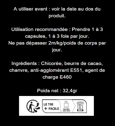 Étiquette des capsules de CBD Broad Spectrum Herbeevor indiquant les ingrédients : chicorée, beurre de cacao, chanvre, E551, E460. Posologie recommandée : 1 à 3 capsules, 1 à 3 fois par jour. Poids net : 32,4g