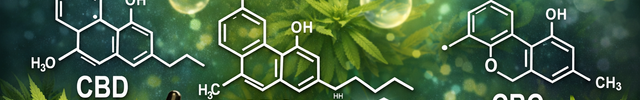 Illustration des cannabinoïdes CBD CBG CBN CBC avec structures moléculaires, huile et plante de cannabis en fond, guide complet Herbeevor