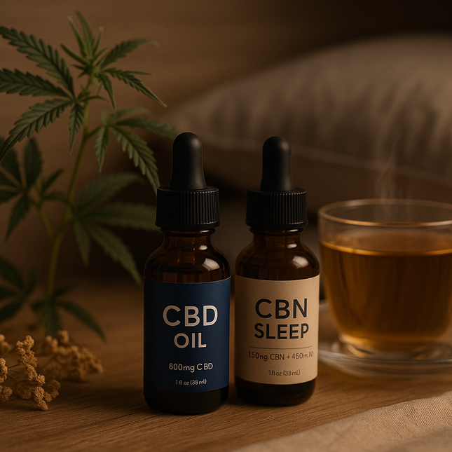 Image apaisante et naturelle mettant en avant des produits CBD et CBN liés au sommeil. Ambiance douce, relaxante et nocturne : fond en bois clair ou tissu naturel, lumière tamisée, teintes bleu nuit et beige. Inclure des éléments évocateurs du sommeil (plante de chanvre, fleurs séchées, flacon d’huile ambré avec pipette, tasse d’infusion fumante, oreiller ou drap en arrière-plan flou). Atmosphère zen et premium, style photographie professionnelle lifestyle, haute résolution, adaptée pour e-commerce.