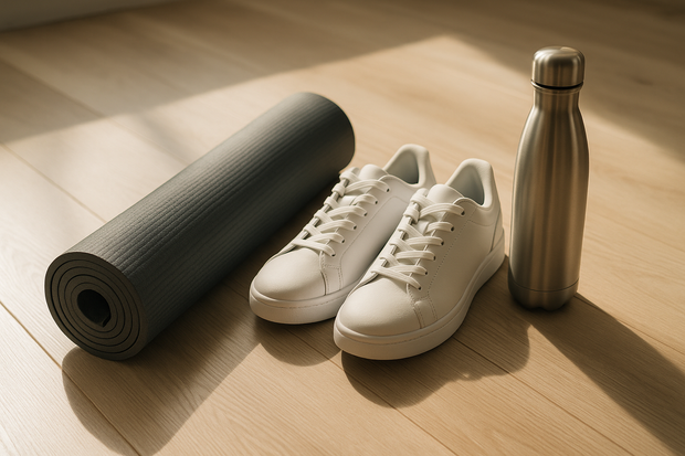 Image lifestyle sportive et élégante : tapis de yoga roulé, baskets propres, gourde métallique sur un sol en bois clair. Lumière naturelle, ambiance énergisante. Évoque mouvement, récupération, articulation en souplesse. Ton premium, réaliste. Pas de texte.