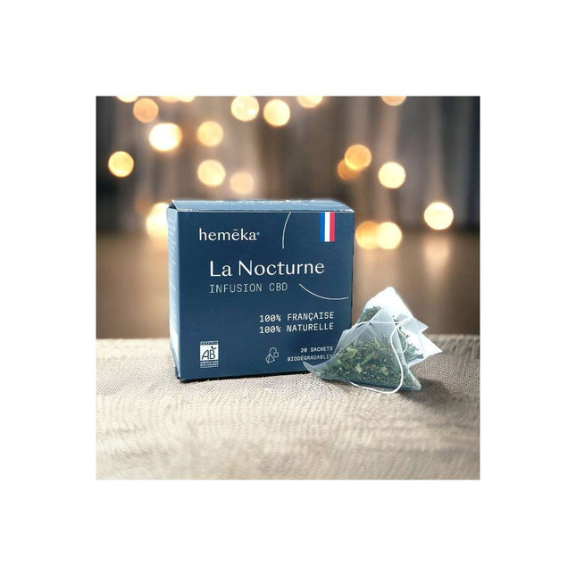 Infusion au CBD La Nocturne de Hemeka, certifiée bio, 100% naturelle et française. Boîte de 20 sachets idéale pour favoriser le sommeil et la relaxation.