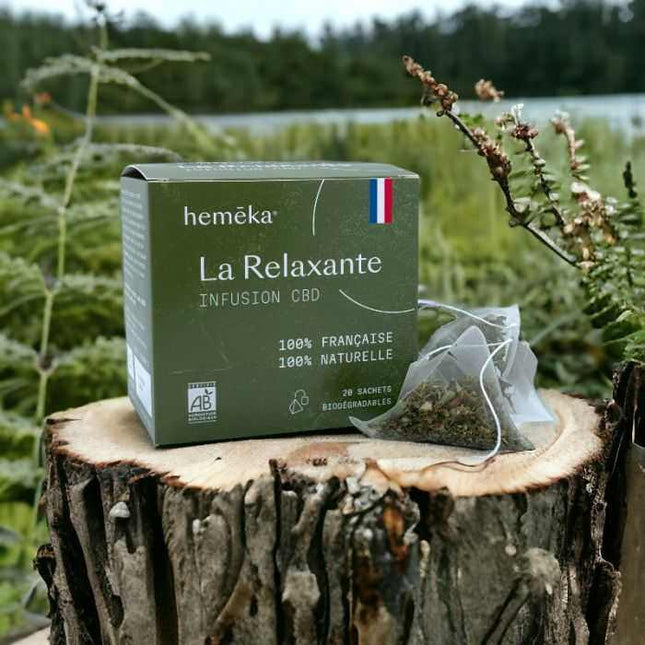 Infusion CBD La Relaxante de Hemeka, 100% française et biologique. Boîte de 20 sachets biodégradables pour un moment de détente naturel.