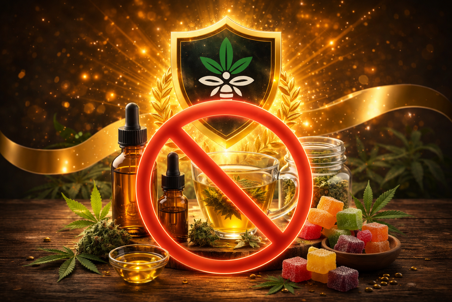 Illustration premium représentant l’interdiction des produits alimentaires au CBD en France : huiles CBD, tisanes et bonbons au cannabidiol avec symbole d’interdiction dans une ambiance dorée et dramatique.