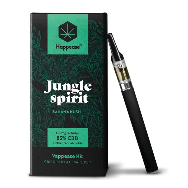 Kit vape CBD Happease Jungle Spirit – 85% CBD, saveur Banana Kush. Comprend une cartouche 600mg et un vaporisateur. Disponible chez Herbeevor pour une expérience de vape premium.