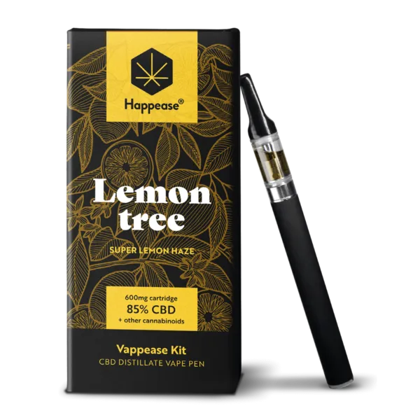 Kit de vapotage CBD Happease Lemon Tree – 85% CBD, saveur Super Lemon Haze. Stylo vape avec cartouche 600mg, idéal pour une expérience premium. Disponible chez Herbeevor