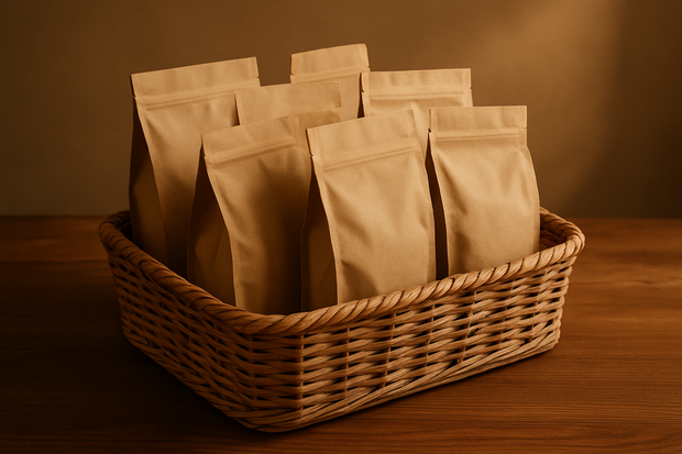 Nature morte moderne : panier en osier contenant plusieurs sachets kraft élégants, posés sur une table en bois. Autour, lumière chaude et ombres douces. Évoque économie, authenticité, anti-gaspillage chic. Style photographique réaliste premium. Pas de texte.