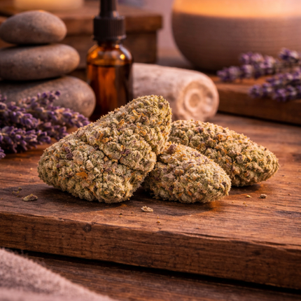 Fleurs Northern Lights CBN posées sur bois avec ambiance relaxante, bougie et lavande, atmosphère apaisante idéale pour réduire le stress