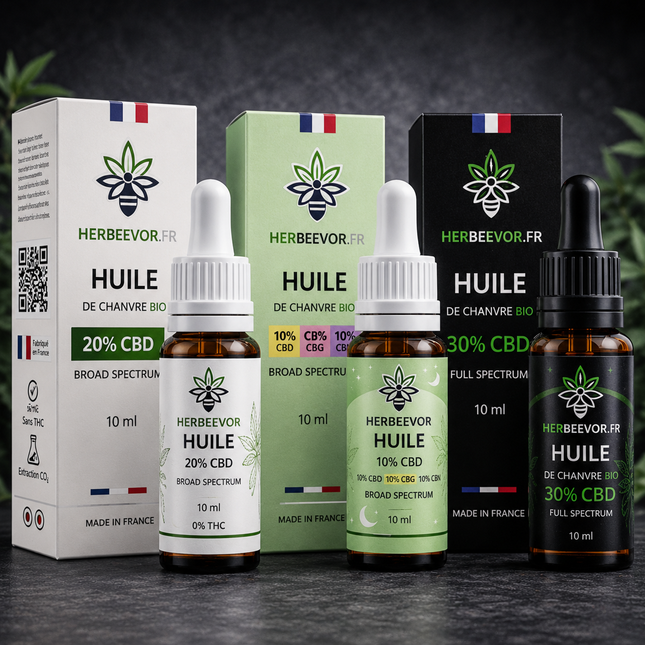 Pack liquidation Herbeevor avec trois huiles CBD premium : huile Broad Spectrum 20% CBD, huile CBD CBG CBN 10/10/10 et huile Full Spectrum 30% CBD.