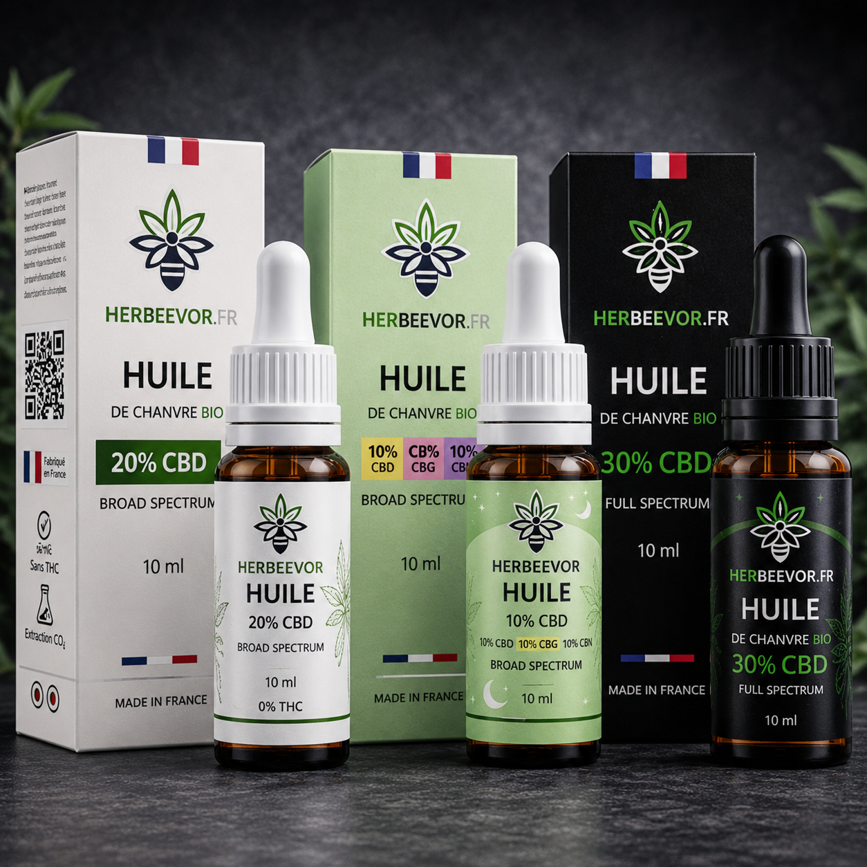 Pack liquidation Herbeevor avec trois huiles CBD premium : huile Broad Spectrum 20% CBD, huile CBD CBG CBN 10/10/10 et huile Full Spectrum 30% CBD.