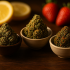 Photographie artistique premium de trois variétés de fleurs CBD présentées dans de petits bols en céramique sur une table en bois foncé. Lumière chaude et directionnelle qui fait scintiller les trichomes. Autour, ambiance sensorielle : fruits colorés (tranches de citron, baies, fraises) posés subtilement en arrière-plan flouté pour évoquer les arômes (citron, fruité, sucré). Style élégant, naturel, haute résolution, pas de texte.