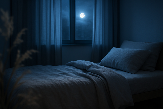 Photographie digitale réaliste d’un lit en lin clair, ambiance nocturne. Lumière douce bleutée, rideaux entrouverts laissant passer la lueur de la lune. Atmosphère zen, apaisante, évoquant l’endormissement naturel. Détails subtils de plantes séchées ou fibres de chanvre floutées en avant-plan. Style premium, haute résolution. Pas de texte.