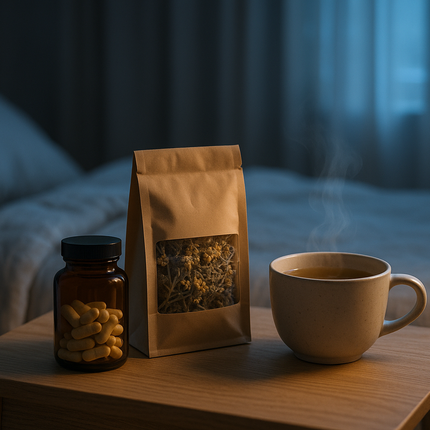 Photographie réaliste d’une scène de nuit apaisante. Sur une table de chevet en bois clair : un petit flacon de gélules en verre ambré, un sachet kraft élégant de fleurs séchées, et une tasse de tisane fumante. En arrière-plan flouté : lit en lin clair et lumière douce bleutée filtrée par des rideaux. Ambiance cosy, naturelle, premium, évoquant un rituel du soir pour bien dormir. Haute résolution, style lifestyle, pas de texte.