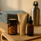 Photographie réaliste d’une scène post-sport. Sur un banc en bois clair ou un tapis de yoga roulé : une petite boîte de gélules en verre ambré, un tube de crème posé à côté, et une bouteille d’huile en verre ambré avec pipette. En arrière-plan flouté : serviette de sport pliée et gourde métallique. Lumière naturelle de fin de séance, ambiance énergisante mais apaisée. Style premium, lifestyle, pas de texte.