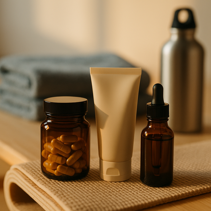 Photographie réaliste d’une scène post-sport. Sur un banc en bois clair ou un tapis de yoga roulé : une petite boîte de gélules en verre ambré, un tube de crème posé à côté, et une bouteille d’huile en verre ambré avec pipette. En arrière-plan flouté : serviette de sport pliée et gourde métallique. Lumière naturelle de fin de séance, ambiance énergisante mais apaisée. Style premium, lifestyle, pas de texte.