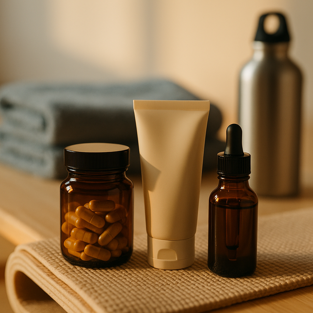 Photographie réaliste d’une scène post-sport. Sur un banc en bois clair ou un tapis de yoga roulé : une petite boîte de gélules en verre ambré, un tube de crème posé à côté, et une bouteille d’huile en verre ambré avec pipette. En arrière-plan flouté : serviette de sport pliée et gourde métallique. Lumière naturelle de fin de séance, ambiance énergisante mais apaisée. Style premium, lifestyle, pas de texte.