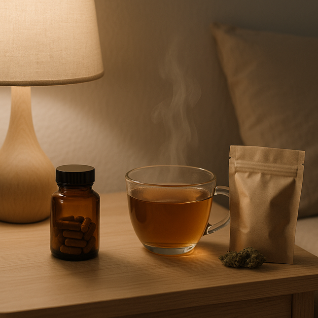 Photographie réaliste d’une table de chevet minimaliste avec une petite boîte de gélules en verre ambré, une tasse d’infusion fumante et un sachet kraft de fleurs CBD posé à côté. Lumière douce de lampe de chevet, ambiance cosy et nocturne. Tons beiges, sable et bois clair. Style premium, net et apaisant. Pas de texte.