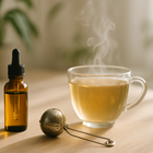 Photographie réaliste d’une table en bois clair baignée de lumière naturelle. Une petite bouteille d’huile en verre ambré (pipette ouverte), une tasse de tisane chaude avec volutes de vapeur, et une boule à thé en acier posée à côté. En arrière-plan flouté : plante verte, carnet ouvert ou tasse supplémentaire. Ambiance zen, paisible, naturelle, couleurs douces (vert tendre, beige, blanc). Style premium lifestyle, pas de texte.