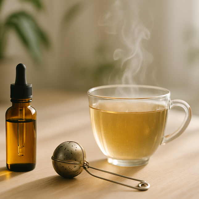 Photographie réaliste d’une table en bois clair baignée de lumière naturelle. Une petite bouteille d’huile en verre ambré (pipette ouverte), une tasse de tisane chaude avec volutes de vapeur, et une boule à thé en acier posée à côté. En arrière-plan flouté : plante verte, carnet ouvert ou tasse supplémentaire. Ambiance zen, paisible, naturelle, couleurs douces (vert tendre, beige, blanc). Style premium lifestyle, pas de texte.