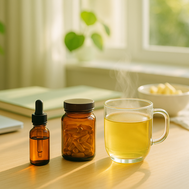 Photographie réaliste et lumineuse d’une table de petit-déjeuner moderne. En avant-plan : un petit flacon d’huile en verre ambré avec pipette, une boîte de gélules en verre ambré, et une tasse de tisane claire (infusion vitalité) fumante. Autour : carnets ou ordinateur portable fermé, lumière de matin ensoleillé à travers une fenêtre. Couleurs fraîches (vert tendre, blanc, jaune doux). Ambiance énergisante mais zen, style premium lifestyle, haute résolution, pas de texte.