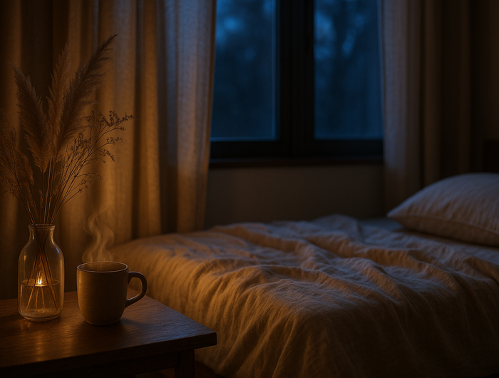 Scène immersive d’une chambre paisible en soirée. Lit avec draps en lin clair légèrement froissés, oreiller moelleux, rideaux entrouverts laissant passer une lueur lunaire bleutée. Sur une table basse en avant-plan : tasse fumante et bouquet de plantes séchées. Ambiance zen, premium et naturelle. Photographie réaliste haute résolution, cadrage horizontal 16:9. Pas de texte.