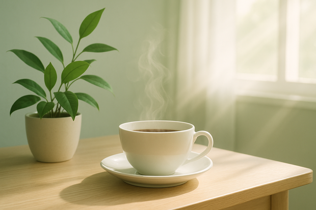 Scène minimaliste et lumineuse : tasse de thé fumante posée sur une table en bois clair, à côté d’une plante verte. Rayons de soleil doux traversant une fenêtre. Ambiance matinale paisible, couleurs naturelles (vert tendre, blanc, bois clair). Évoque sérénité et équilibre. Style photographie réaliste premium. Pas de texte.