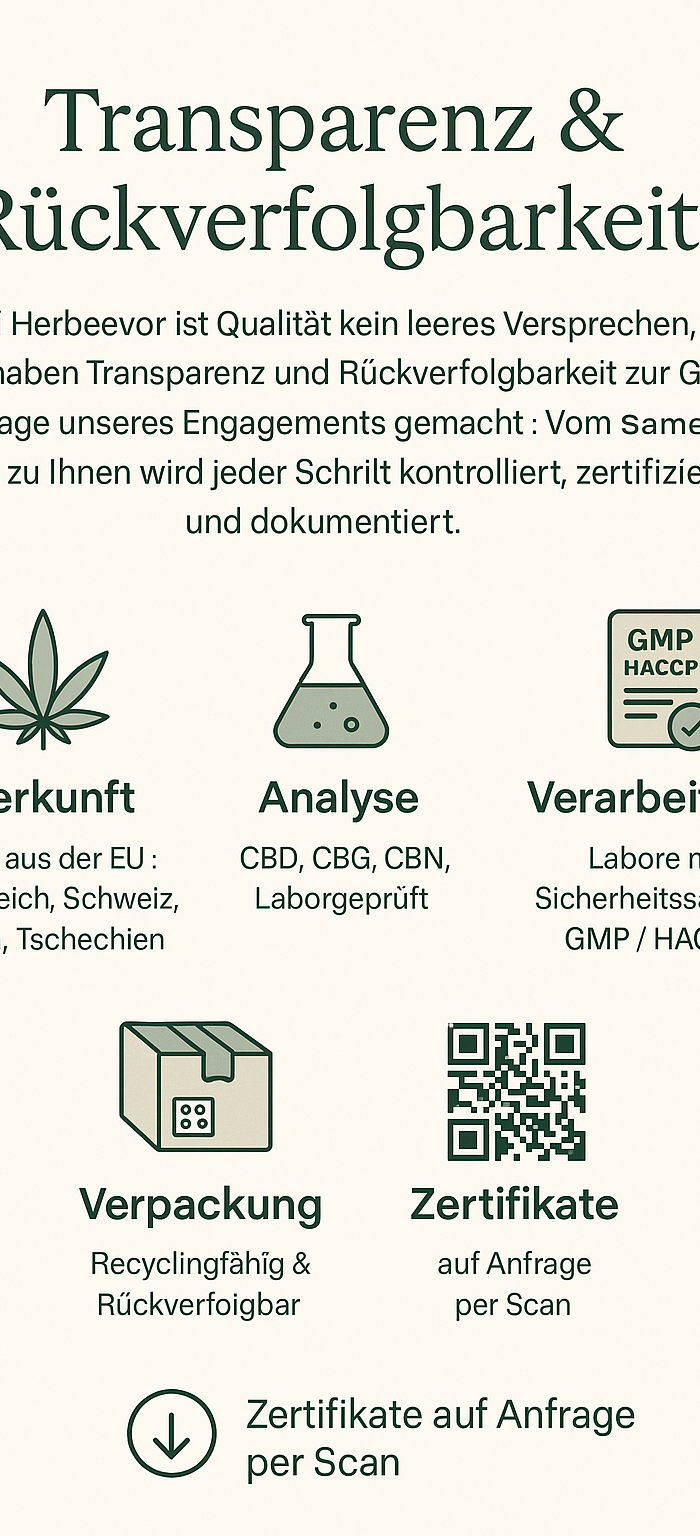 Infografik zur Rückverfolgbarkeit bei Herbeevor: Herkunft des Hanfs, Laboranalysen, zertifizierte Herstellung, Chargennummern und transparente Qualität.