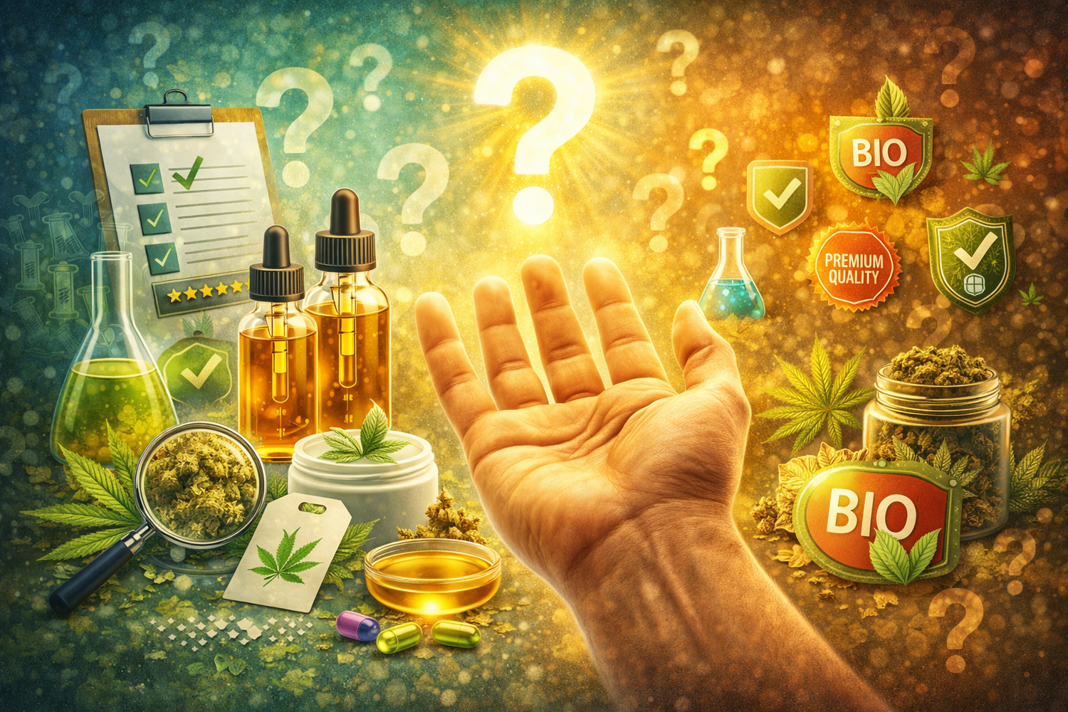 Illustration du choix du CBD idéal avec huiles fleurs et critères de qualité pour guider vers le bon produit CBD